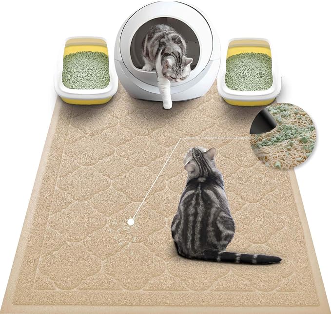 Cat Litter Box Mat, Kitty Premium PVC Pad, Durable Trapping Rug, Phthalate Free, Urine-Resistant, Scatter Control, XXL 47 x 36 Inch, Beige