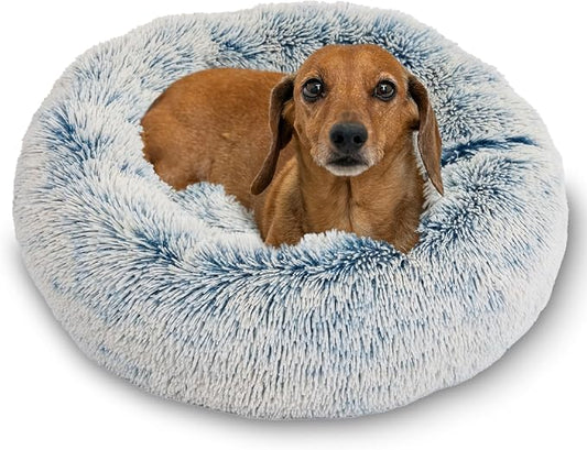 Best Friends by Sheri The Original Calming Donut Dog Bed for Small Dogs up to 25 lbs, Shag Faux Fur, Denim Blue, 23" x 23"