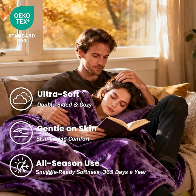 gogobunny Waterproof Flannel Blanket for Bed Couch Sofa, Reversible Double-Sided Throw for Dog Cat, Stain Resistant Furniture Protector Against Liquid Pee & Fur (90" x 108", Dark Purple/Light Purple)