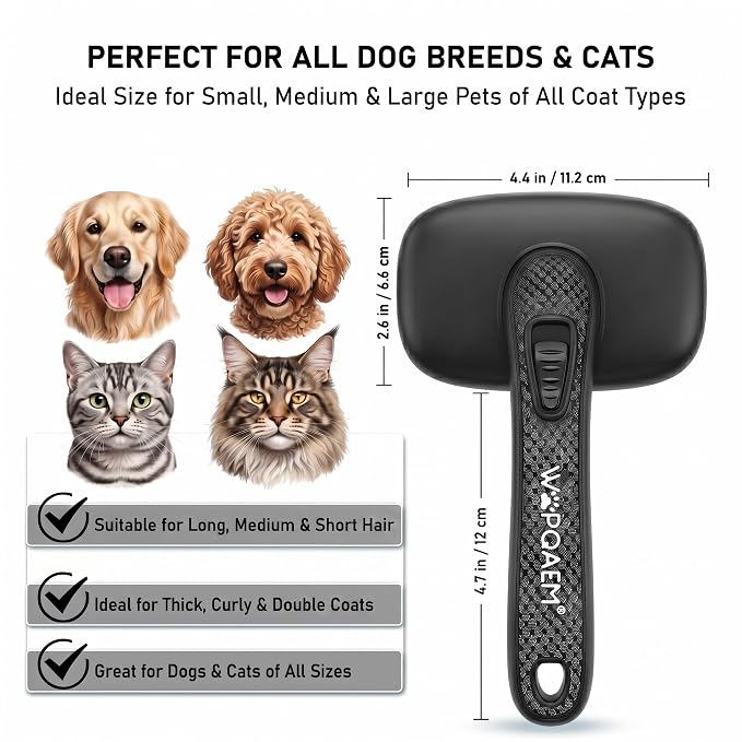 Self Cleaning Slicker Brush for Dog and Cat Shedding, Black | Skin Friendly Deshedding Brush for Short or Long Haired Dogs & Cats, One-Click Retractable for Easy Cleaning Flying Hair