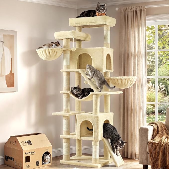 Feandrea Large Cat Tree, 81.1" Tall Sturdy Cat Tower for Indoor, Beige | Multi-Level Cat Condo with Sisal Scratching Posts, Hammock, Climbing Ladder, Easy to Assemble, UPCT021Y101S