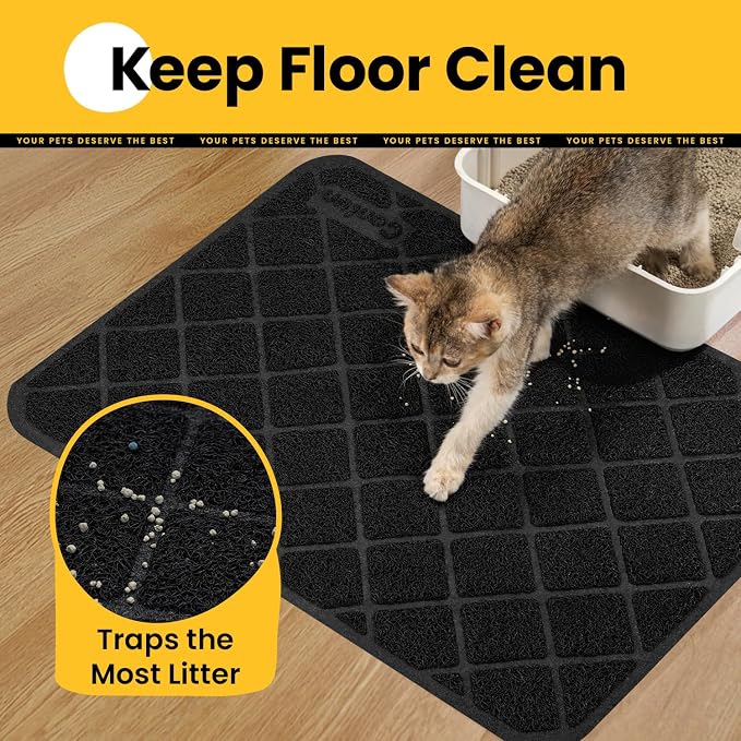 Conlun Cat Litter Mat Litter Trapping Mat, Black Premium Durable PVC Grid Mesh with Scatter Control, Non-slip, Less Waste Cat Litter Box Mat, Soft on Kitty’s Paws, Urine Waterproof 47" x 35"