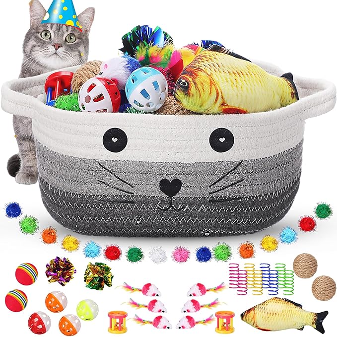 Zopeal 58 Pcs Summer Cat Storage Basket Gift Toys Set, Colorful Flashing Balls Pet Bell Crinkle Balls Spring Toys Attract Cat to Swat, Hunt, Interactive for Pet(Multicolor,9.8 Inch)