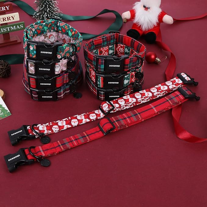 DOGWONG Christmas Cotton Dog Collar, Heavy-Duty Red Plaid Dog Collar Durable Soft Fabric Pet Dog Collars Cute Christmas Checked Puppy Necklace for Small Dogs