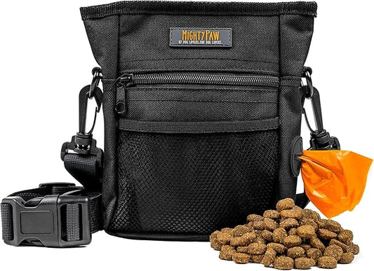 Mighty Paw Dog Training Treat Pouch, No-Spill Magnetic Clasp, Black | Adjustable Belt Sling, Waist Pack or Fanny Pack, Hands-Free Wear, Poop Bag Holder, 4 Pockets, Made in USA