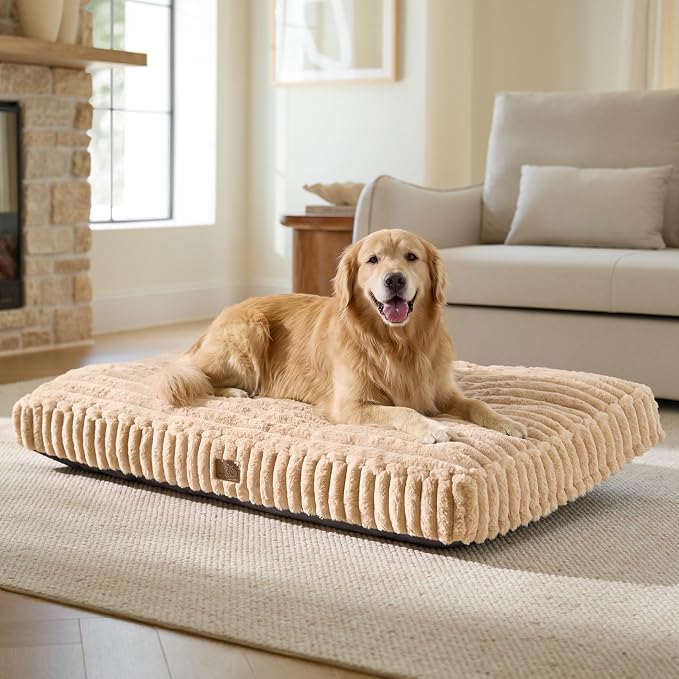 Bedsure ComfyFleece™ Fluffy Plush XXL Dog Bed Crate Pillow 47x29 SandyBeige | Aesthetic Crate Bed for Balanced Support Cute Chopped Foam Pad with Removable Washable Cover Non-Slip Waterproof Cozy Pet Mat