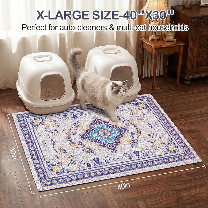 Glittme Cat Litter Mat with Non-Slip Bottom Litter Box Mat 40"x30" Litter Trapping Mat Easy to Clean Washable Cat Food Mat for Kitty,XL