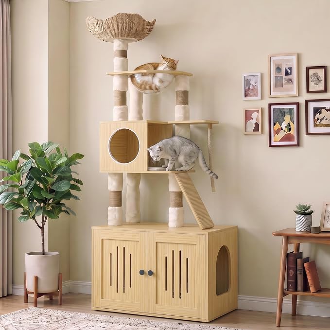 Garvee Tall Cat Tree with Litter Box Enclosure, 66.9-Inch Cats Condo, Multi-Level Perch & Scratching Posts for Cat