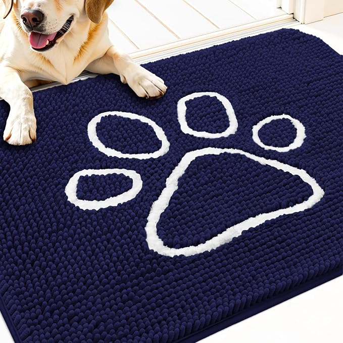 OLANLY Dog Door Mat for Muddy Paws 34x21, Paw Print Design Chenille Mud Mat | Navy Blue, Absorbent, Traps Moisture and Dirt, Non-Slip Washable Doormat, Quick-Drying Indoor Entryway Floor Carpet for Dogs