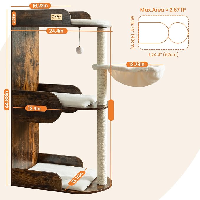 44.8in Modern Wood Cat Tree Tower for Indoor Large Cats with Perch | Multi-level Big Platforms, Sisal Scratching Posts, Cozy Hammock, Washable Pads, Ideal for Windows and Corners, Rustic Brown