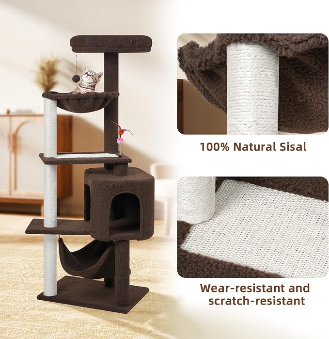 YUNIQUE Cat Tree with Cat Condo Scratch Posts Scratch Tablet and Big Hammock, (60.2‘’ Coffee)