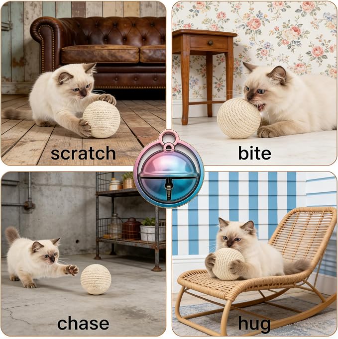 4-Inch Sisal Cat Toy Balls with Crinkle Sound | Indoor Cat Toys for Teething, Claw Sharpening & Play | Large Size Prevents Rolling Under Furniture (Natural)