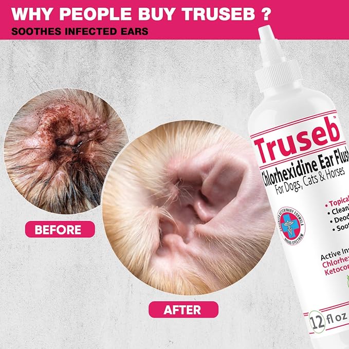 Truseb Maximum Strength Dog Ear Infection Treatment Flush, Cat & Dog Ear Cleaner Solution Medicated with Chlorhexidine & Ketoconazole Helps with Ear Itching Redness Swelling (12 oz)