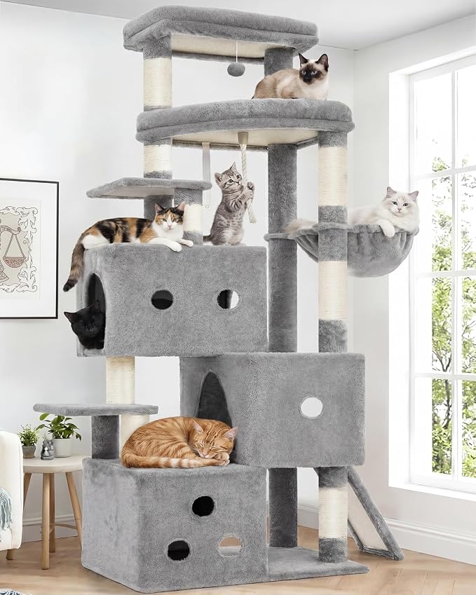 Heybly Cat Tree, 74-Inch Streamlined Cat Tower for Large Cats HCT061W | Cat Furniture with 3-Tier Stacked Condos, Large Perch, Sturdy Base, Full Sisal Scratching Posts & Ramp, Light Gray
