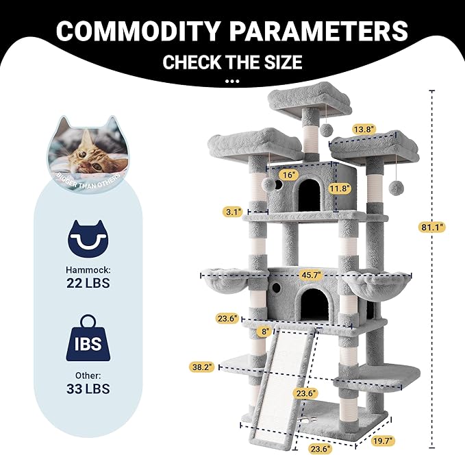 Allewie 82 Inches Large Cat Tree/House/XXL Tall Cat Towers for Big Feline/Scratching Post/Multi-Level Large Kitty Climbing Tree with Condo/Light Grey