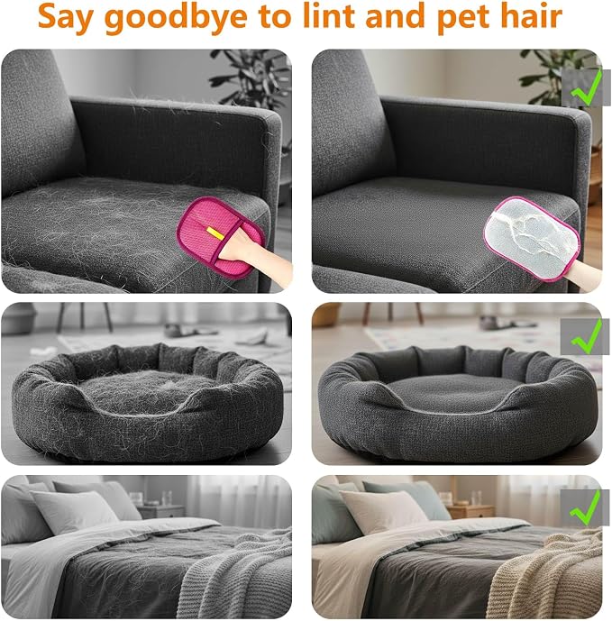 Thickened Pet Hair Removal Glove for Fabric Surfaces, Pink | Easy-On 2-Finger Design; Secure Stay-Put Fit; Easy Hair Pickup; Reusable Design; Sofas, Beds, Carpets, Pet Beds and Car Seats