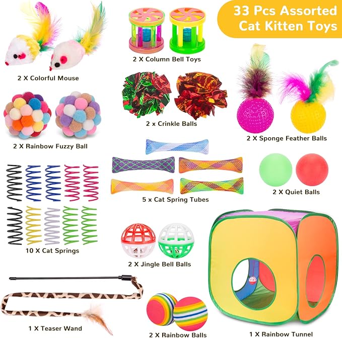 Retro Shaw 33 Pack Cat Toys Set, Interactive Cat Tunnel Feather Wand Kit | Collapsible Cat Tent, For Indoor Cats, Kitten Toys Pack Variety Crinkle Ball Bell Spring Mouse
