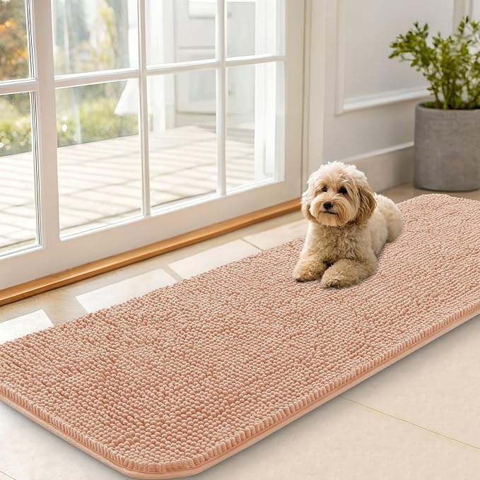 OLANLY Dog Door Mat for Muddy Paws 59x20, Super Absorbent Chenille Mud Mat | Peach, Absorbs Moisture and Dirt, Non-Slip Machine Washable Doormat, Quick-Drying Indoor Entryway Floor Carpet for Dogs