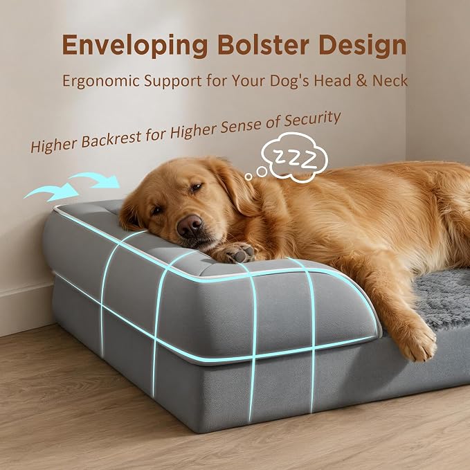 Comfort Expression Orthopedic Dog Bed for Extra Large Dogs with Bolster | Waterproof Dog Couch Bed with Washable Cover & Non-Slip Bottom, Supportive Egg Crate Foam XL Pet Bed, 42x30 Inch