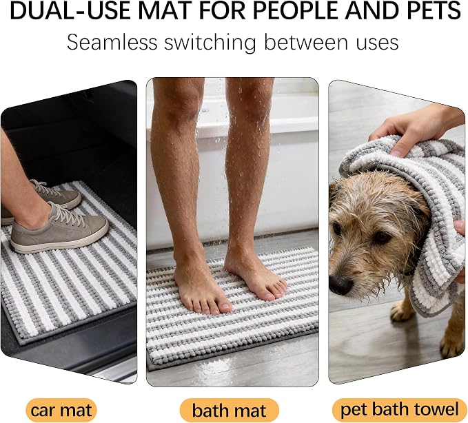 Dog Door Mat for Muddy Paws - Absorbent Quick-Dry Non-Slip Washable Chenille Pet Rug, Indoor Entryway Mat for Front Door & Crate (Gray, 24" L*16" W)