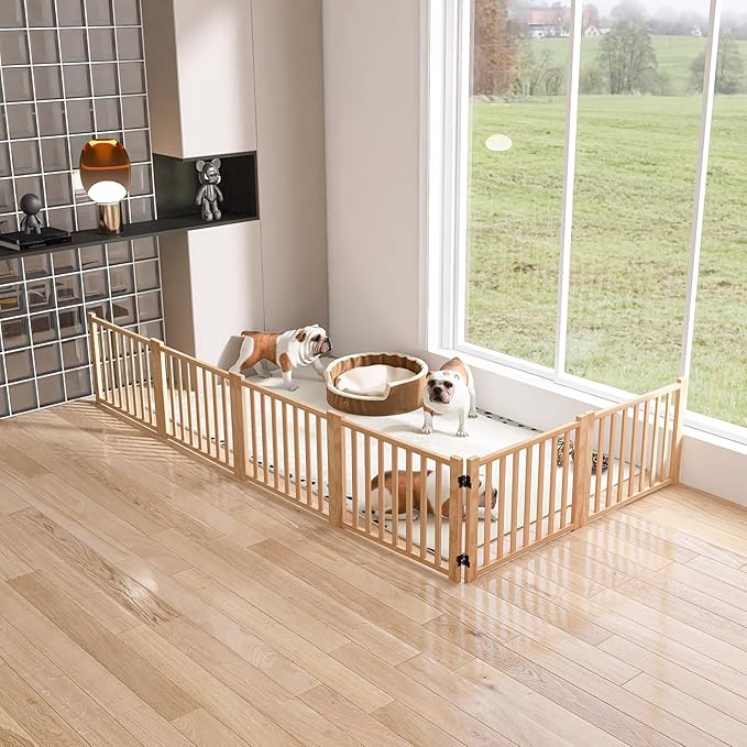 YOCAN Non-Painted Wooden Freestanding Dog Gates for The House,Doorways, Stairs,Wood Dog Fences Indoor Pet Gate,Step Over Fence-6 Panel H:16.9" L:138"