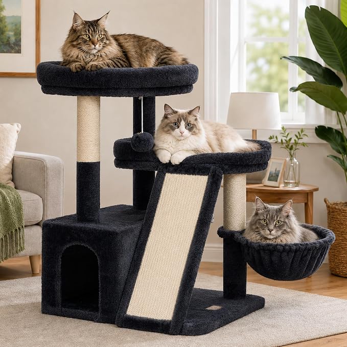 Heybly Compact Cat Tree with Big Scratcher, Stable Cat Tower HCT206SG | 27.2" Cat Furniture with 2 Top Perches, Floor Cat Condo, Cozy Hammock, Space-Saving Cat Activity Center, Smoky Gray
