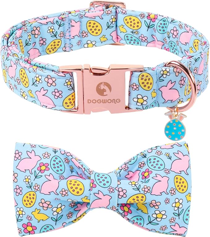 DOGWONG Easer Dog Collar with Bow,Blue Bunny Easter Dog Collars, Adjustable Durable Soft Flower Easter Dog Collar for Male Female Puppy,XL