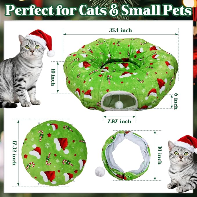 Christmas Cat Tunnel Tree Skirt – Warm Flannel Donut Tunnel Bed with Soft Cushion & Hanging Ball Toy, Peekaboo Cat Cave Under Tree for Indoor Cats to Prevent Christmas Tree Falling, Festive Green