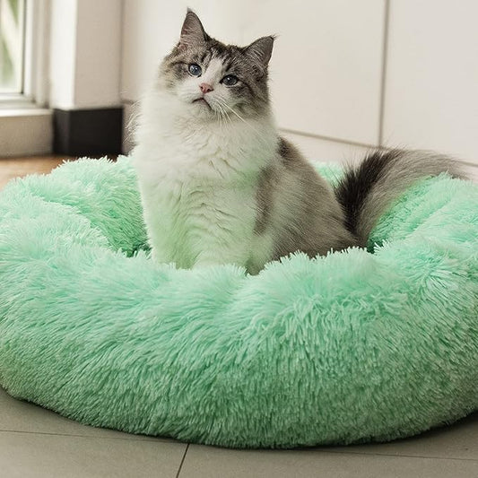 Anti Anxiety Round Fluffy Plush Faux Fur Warm Washable Dog Bed & Cat Bed, Original Bed for Small Medium Large Pets,Used to Relieve Joints and Improve Sleep（20"/24"/27''） (20", Light Green)