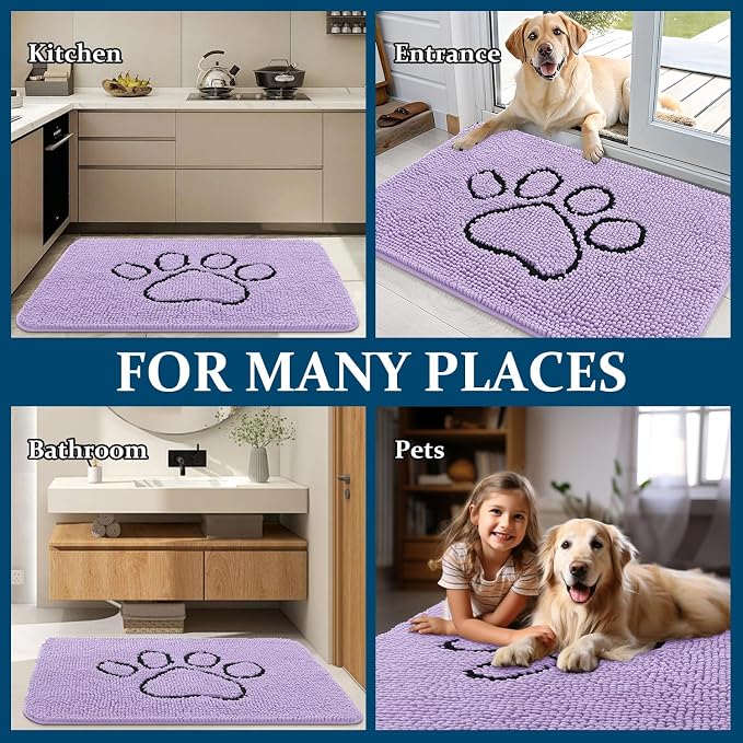 OLANLY Dog Door Mat for Muddy Paws 48x30, Paw Print Design Chenille Mud Mat | Lavender, Absorbent, Traps Moisture and Dirt, Non-Slip Washable Doormat, Quick-Drying Indoor Entryway Floor Carpet for Dogs