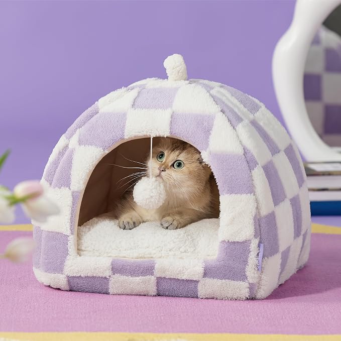 Lesure Cute Cat Beds for Indoor Cats - 2 in 1 Cat Cave Bed for Kittens and Small Pets with Removable Washable Cushioned Pillow, Cozy Kitten with Non-Slip Bottom, Purple, 16 inches