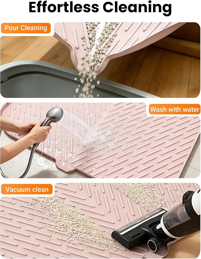 Cat Litter Mat, 47"x37" Extra Large Litter Box Mat, Silicone Mat, Pink | Waterproof Litter Trapping Mat for Scatter Control, Soft on Cat Paws Non-Slip Easy to Clean
