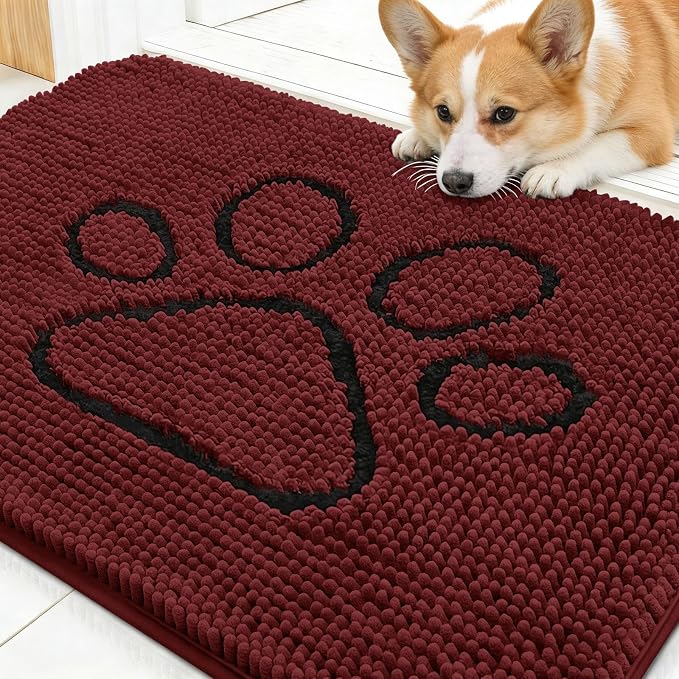 OLANLY Dog Door Mat for Muddy Paws 30x20, Paw Print Design Chenille Mud Mat | Caramel Russet, Absorbent, Traps Moisture and Dirt, Non-Slip Washable Doormat, Quick-Dry Indoor Entryway Carpet for Dogs