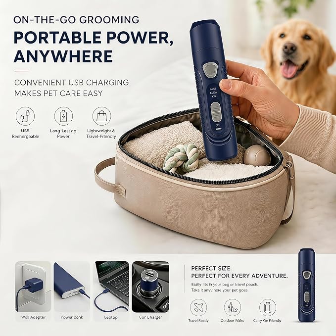 Pet Nail Grinder for Dogs and Cats, 2-Speed Electric Dog Nail Trimmer, Extral Steel Pet Nail Clipper, Rechargeable 2000mAh Nail Grinder for Small Medium Large Dogs with 2 LED Lights, Blue