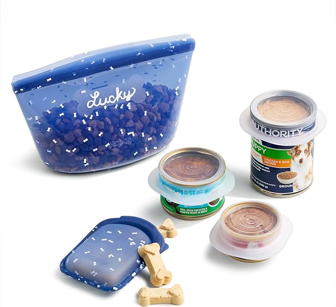 Stasher Pet Reusable Food Storage Puppy Essentials Kit, 4-Cup Dog Travel Bag, Treat Bags & Dog Food Can Lids, Airtight Seal, Food Grade Silicone, Freezer & Dishwasher Safe, Dog Gift