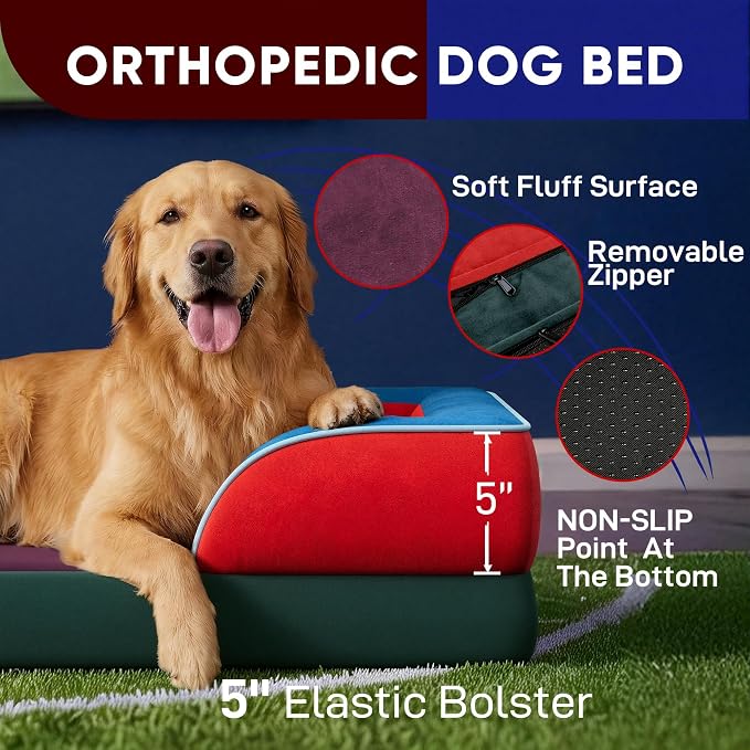 Comfort Expression Orthopedic Dog Bed for Extra Large Dogs with Bolster | Waterproof Dog Couch Bed with Washable Cover & Non-Slip Bottom, Supportive Egg Crate Foam XL Pet Bed, 45x35 Inch