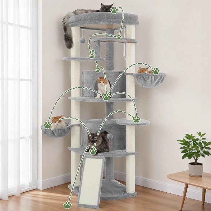 Corner Cat Tree, All Sisal Multi-Cat Scratching Posts GCT035W | 63.8" Cat Tower for Indoor Cats with Cat Condo, 2 Large Cat Caves, Big Top Perch, 2 Hanging Baskets & Sisal Ramp, Light Gray