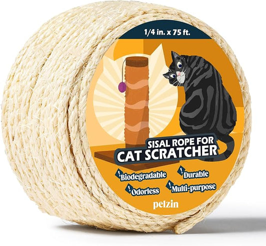 Pelzin Natural Sisal Rope for Cat Scratcher 1/4 Inch by 75 Feet, Cat Tree Rope Twine for Cat Scratching Post Replacement, Cat Tower with Scratch Post Repairing, Replace, Recovering and DIY, White