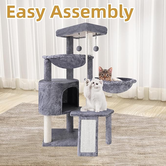 Three Layer Cat Tree with Cat Condo and Two Hammocks,Grey | 3-Tier Cat Tree,Scratch Pad ,Natural Sisal,Replaceable Hanging Balls,Sturdy Cat Furniture for Kitten&Adult Cat