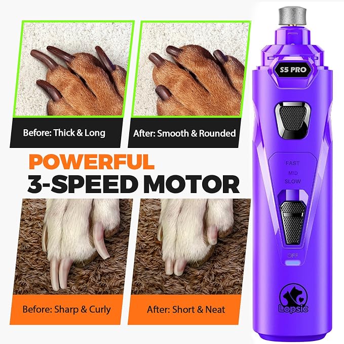 Whisper Quiet Dog Nail Grinder Safe & Stress-Free for Sensitive Dogs Cats | 4 LED Lights,3 Grinding Bits, 3-Speed, Pet Nail Trimmers, Rechargeable Painless Grooming Kit for All Breeds & Sizes