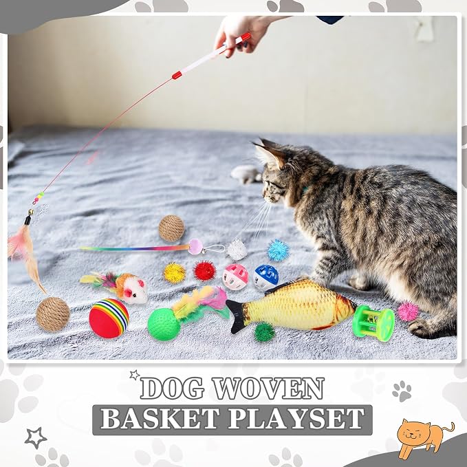 Zopeal 76 Pcs Cat Storage Basket Gift Toys Set Interactive Cat Toys Kitten Wand Colorful Flashing Balls Pet Crinkle Balls Attract Kitten to Swat, Hunt for Pet Indoor(Grey)