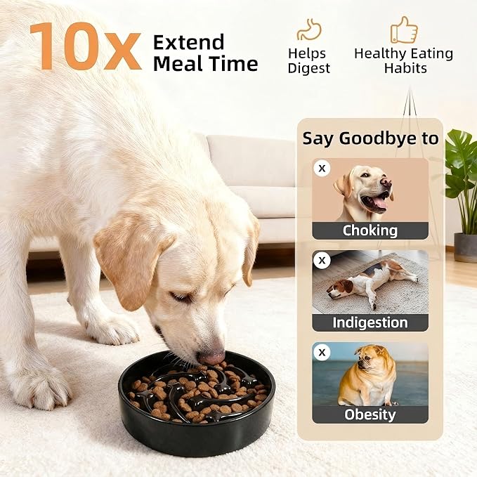 Ceramic Slow Feeder Dog Bowls Large Breed, 2 Cups Slow Eating Dog Bowl, Anti-Gulping Pet Food Bowl Reduce Choking, Heavy Puzzle Maze Design Pet Dishes for Fast Eaters, 8.3 inch - Black