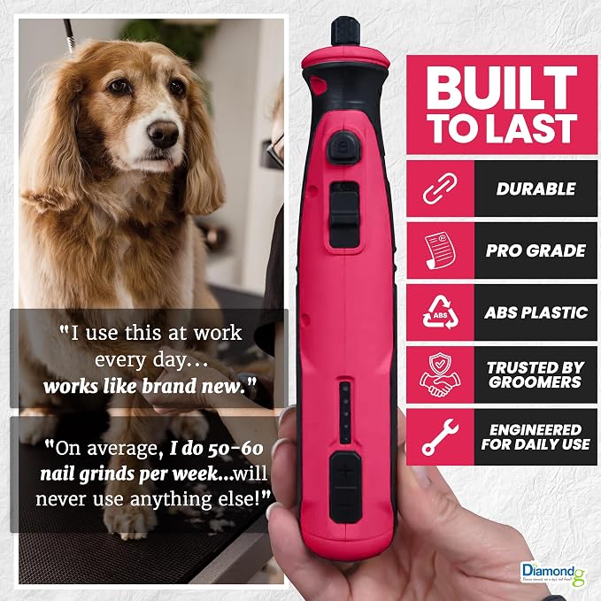Diamondg Cordless Dog Nail Grinder - Quiet Sound with LED Light, Pink | 5-Speed Rechargeable Pet Nail Trimmer for Small & Large Dogs, USB-C Charging, 4hrs. Runtime, Painless Dog Nail Grinding Kit
