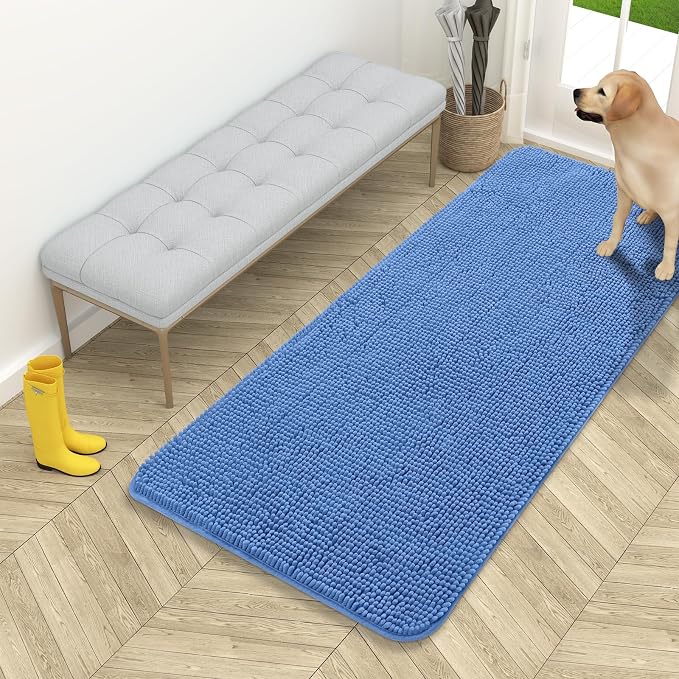 OLANLY Dog Door Mat for Muddy Paws 54x24, Super Absorbent Chenille Mud Mat | Cornflower Blue, Absorbs Moisture and Dirt, Non-Slip Machine Washable Doormat, Quick-Drying Indoor Entryway Carpet for Dogs