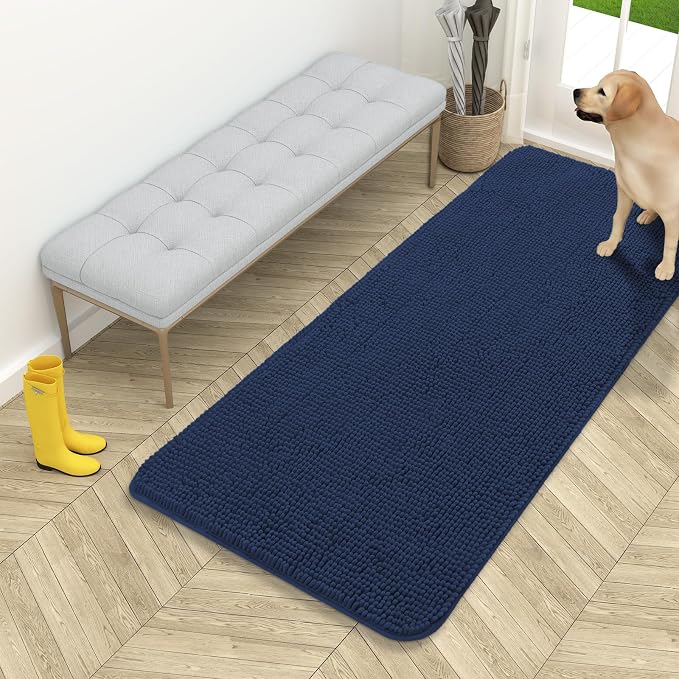 OLANLY Dog Door Mat for Muddy Paws 54x24, Super Absorbent Chenille Mud Mat | Dark Blue, Absorbs Moisture and Dirt, Non-Slip Machine Washable Doormat, Quick-Drying Indoor Entryway Floor Carpet for Dogs