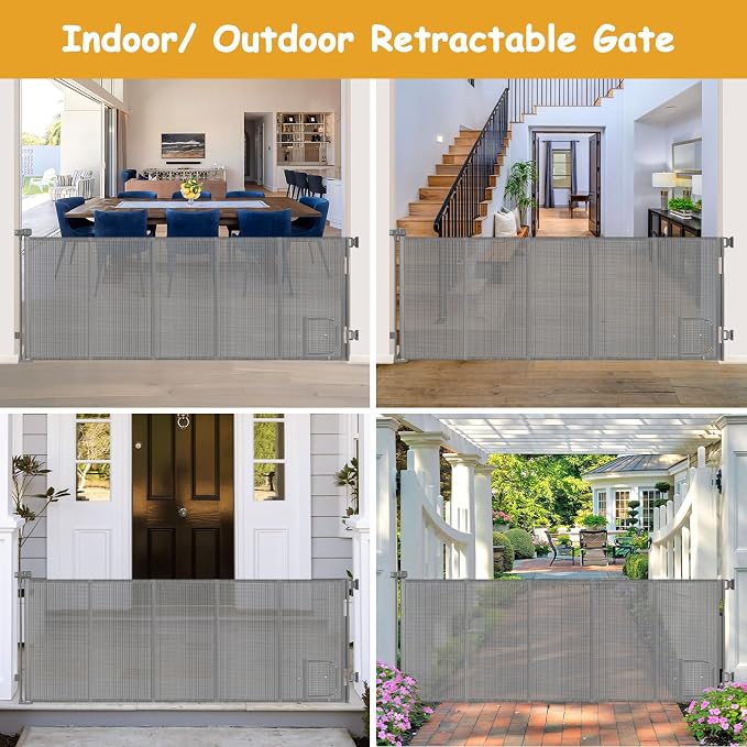 Reinforced 90” Extra Wide Retractable Dog Gate with Cat Door 33 Inch Tall Retractable Pet Gates for Wide Openings Mesh Baby Gate with Cat Door Long Gates for Kids or Pets with Reinforced Strips, Gray
