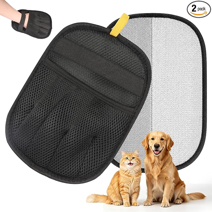 2-Piece Pet Hair Removal Glove, Deshedding Grooming Mitt, Soft Hair Remover Brush for Cats and Dogs with Long Short Fur