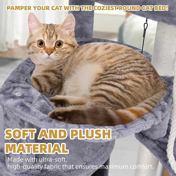 Three Layer Cat Tree with Cat Condo and Two Hammocks,Grey | 3-Tier Cat Tree,Scratch Pad ,Natural Sisal,Replaceable Hanging Balls,Sturdy Cat Furniture for Kitten&Adult Cat