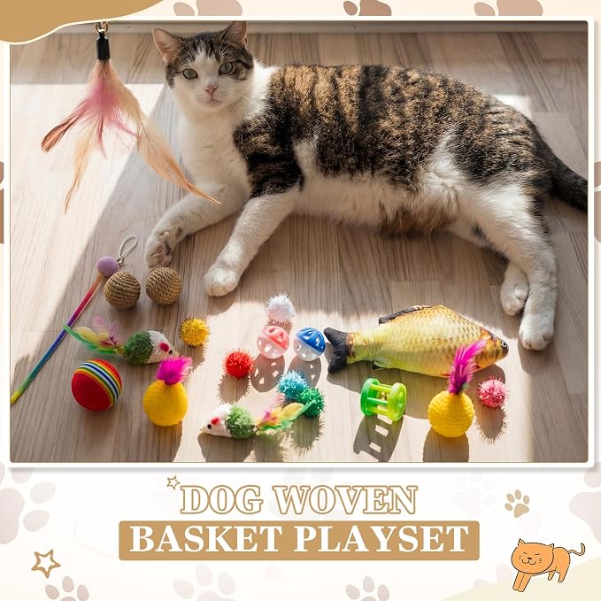 Zopeal 76 Pcs Cat Storage Basket Gift Toys Set Interactive Cat Toys Kitten Wand Colorful Flashing Balls Pet Crinkle Balls Attract Kitten to Swat, Hunt for Pet Indoor(White,Coffee,Black)