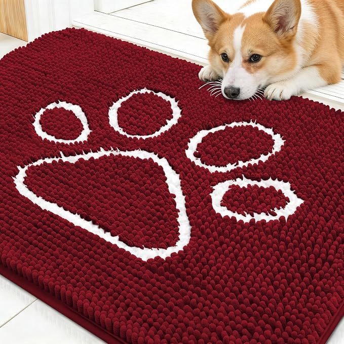 OLANLY Dog Door Mat for Muddy Paws 30x20, Paw Print Design Chenille Mud Mat | Red, Super Absorbent, Traps Moisture and Dirt, Non-Slip Washable Doormat, Quick-Drying Indoor Entryway Floor Carpet for Dogs